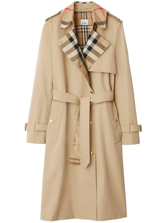 Plaid-Collar Gabardine Trench Coat