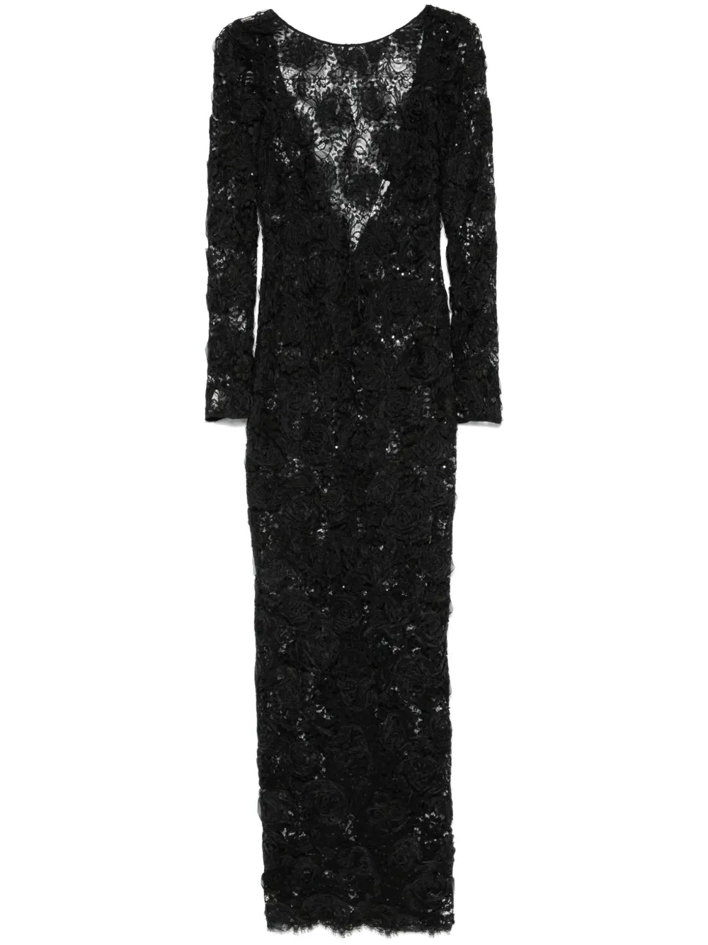 Sequin-Embellished Floral-Appliqué Maxi Dress