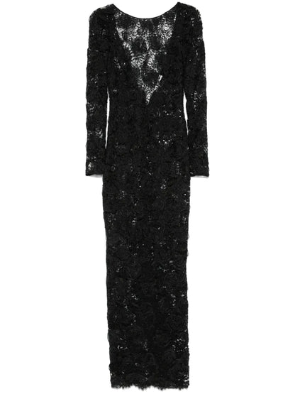 Sequin-Embellished Floral-Appliqué Maxi Dress