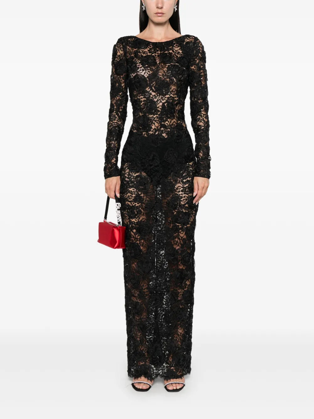 Sequin-Embellished Floral-Appliqué Maxi Dress