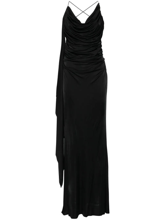 Brooch-Detail Draped Maxi Dress