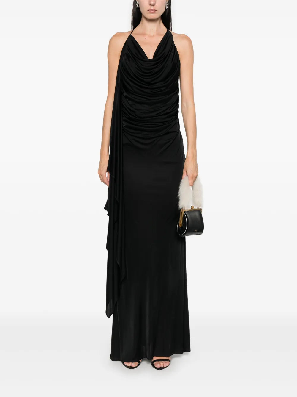 Brooch-Detail Draped Maxi Dress