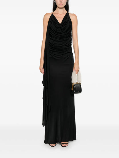 Brooch-Detail Draped Maxi Dress