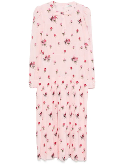 Rose-Print Pleat-Detailing Midi Dress