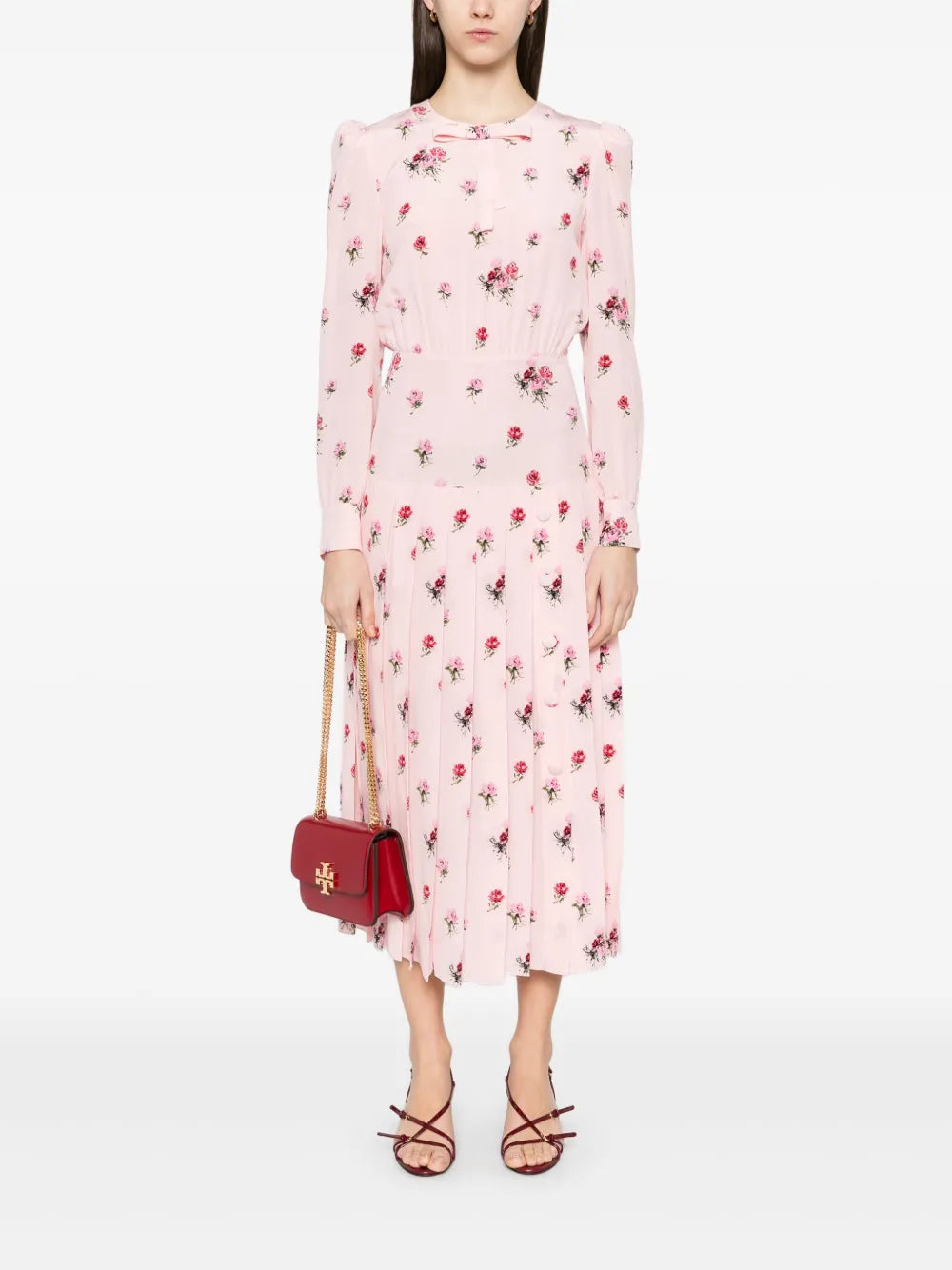 Rose-Print Pleat-Detailing Midi Dress