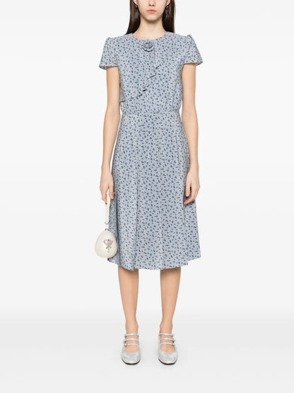 Rose-Print Pleat-Detailing Midi Dress
