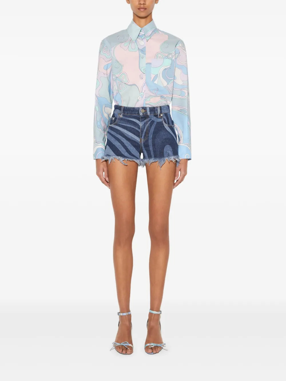 Marmo-Print Denim Shorts