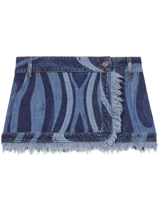 Marmo-Print Denim Mini Skirt