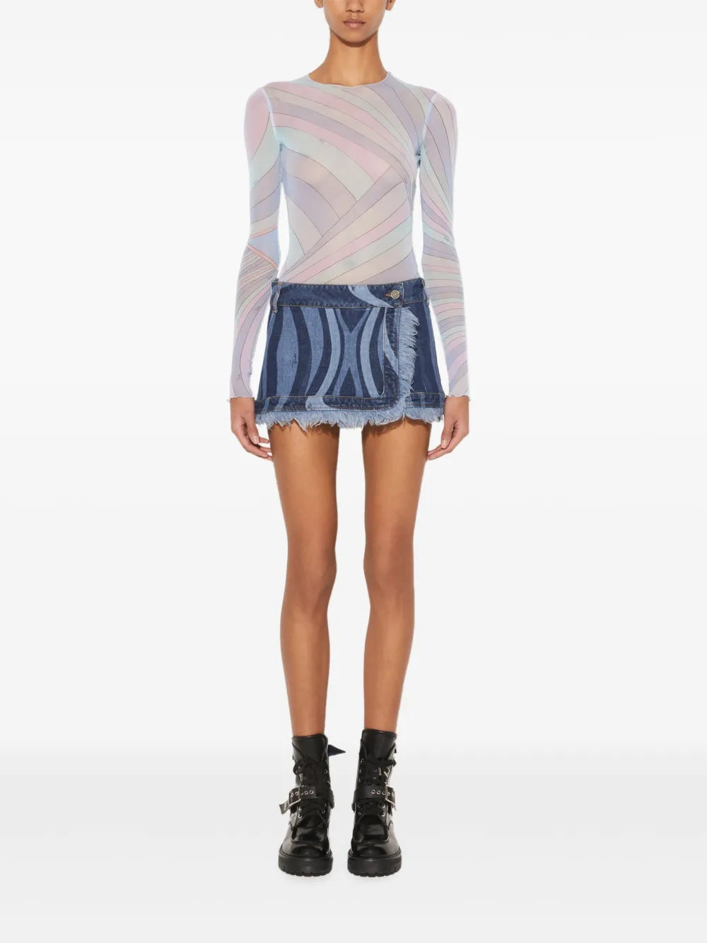 Marmo-Print Denim Mini Skirt