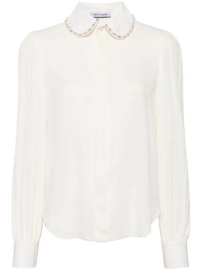 Pearl Beaded Collar Silk Shirt