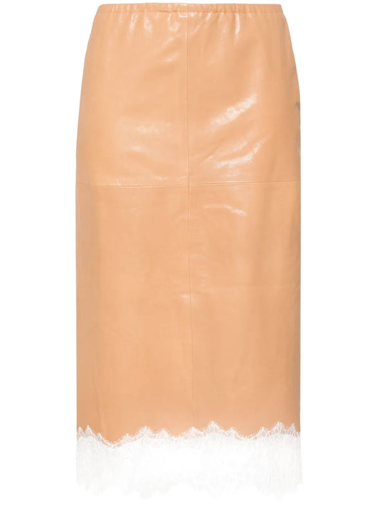 Lace-Detail Leather Skirt