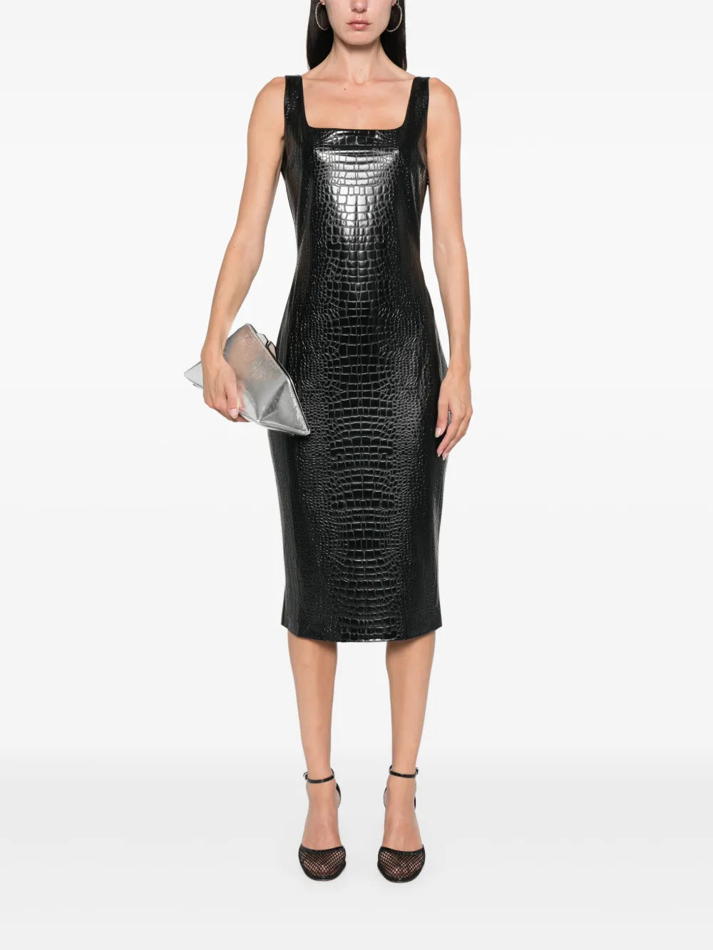 Embossed Crocodile-Effect Midi Dress