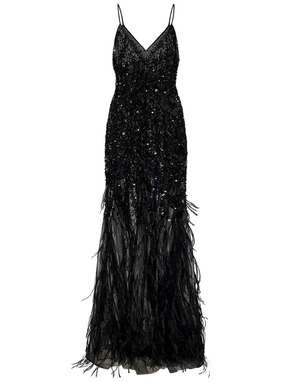 Sequin-Feather Embellished V-Neck Dress