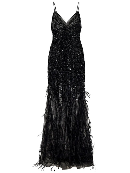 Sequin-Feather Embellished V-Neck Dress