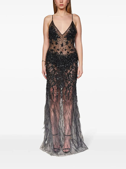Sequin-Feather Embellished V-Neck Dress