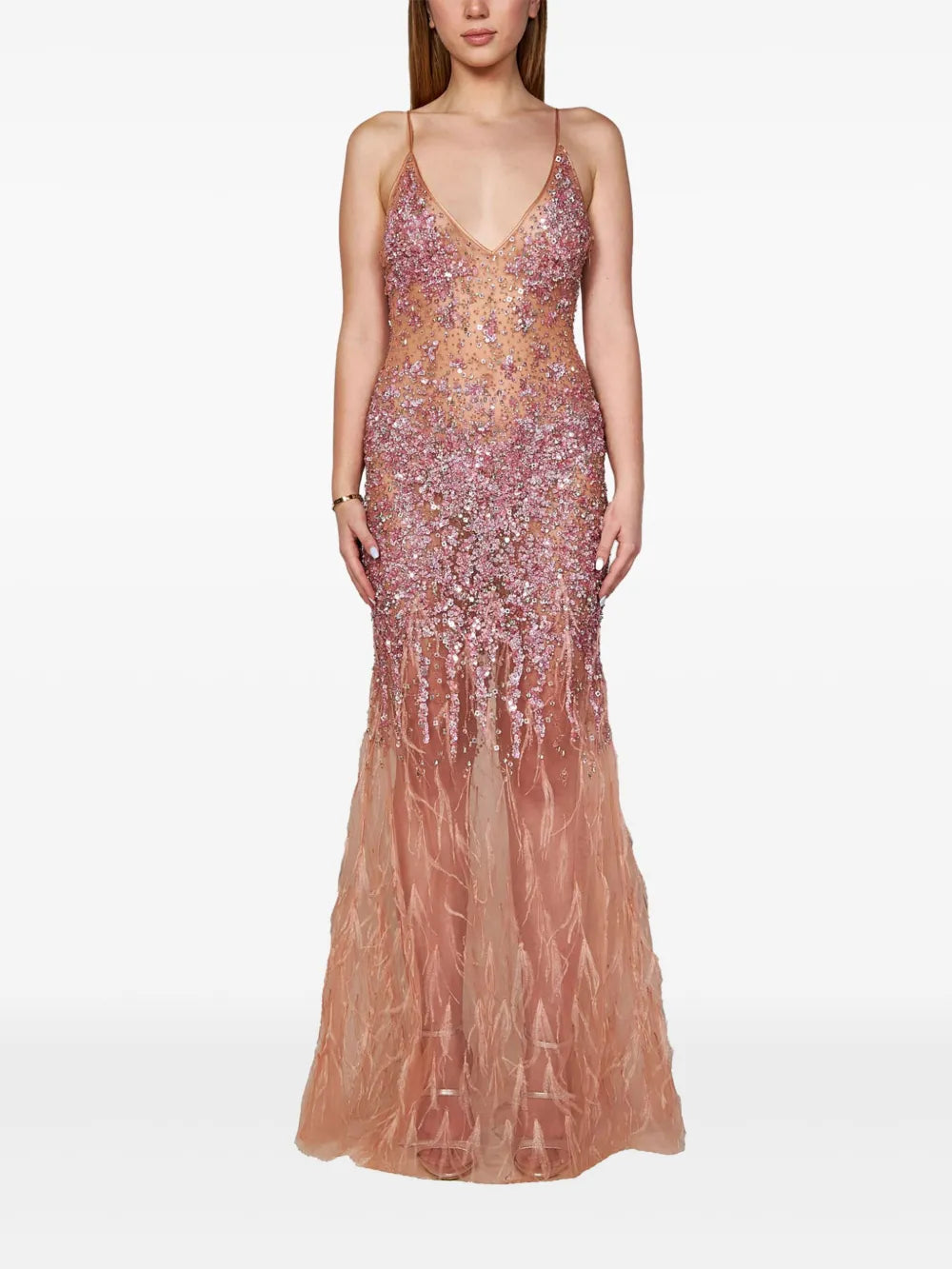 Sequin-Feather Embellished V-Neck Dress