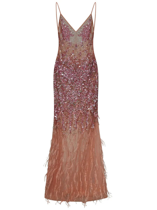 Sequin-Feather Embellished V-Neck Dress