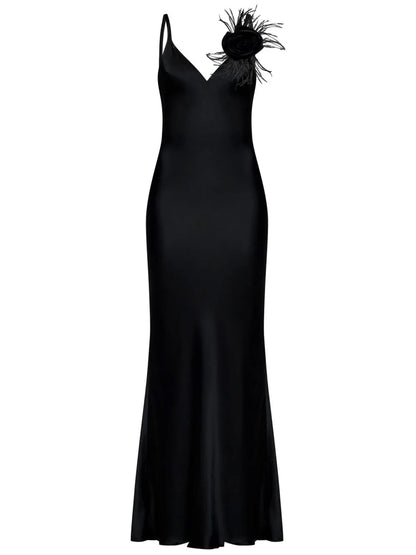 Rose-Appliqué Satin Maxi Dress