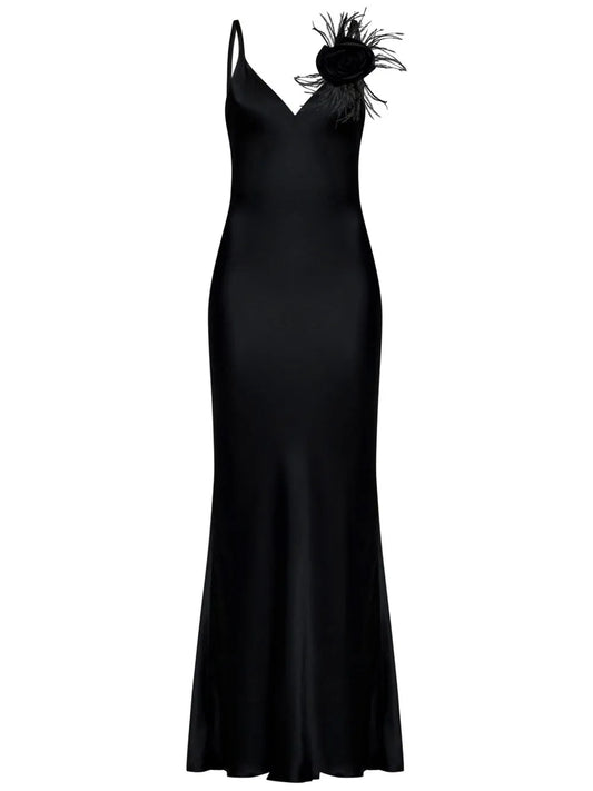 Rose-Appliqué Satin Maxi Dress