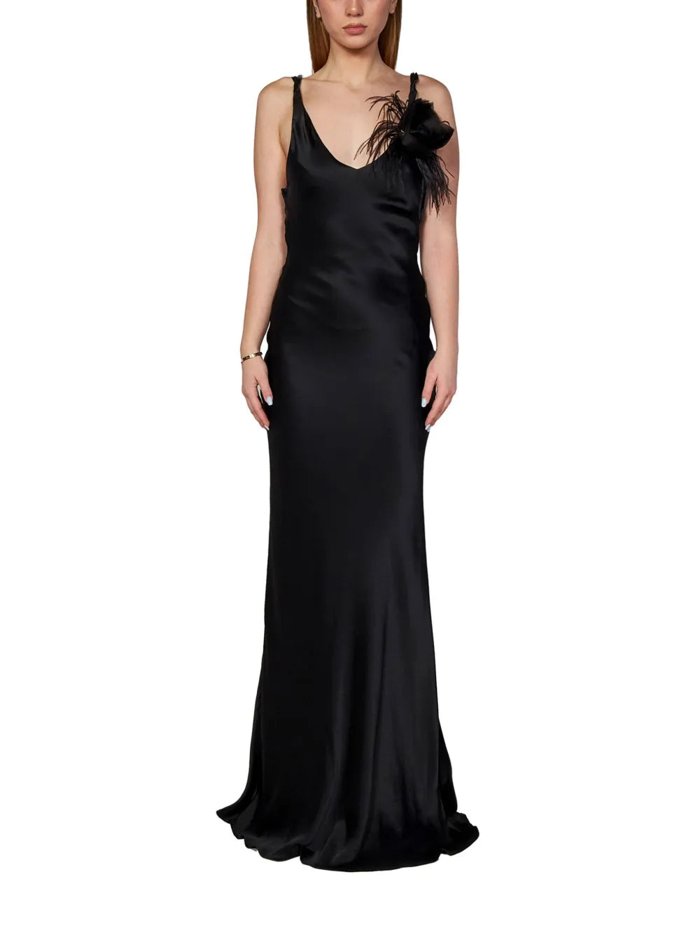 Rose-Appliqué Satin Maxi Dress
