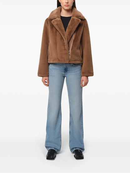 Notch-Lapel Zippered Faux Fur Jacket