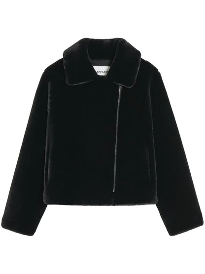 Notch-Lapel Zippered Faux Fur Jacket
