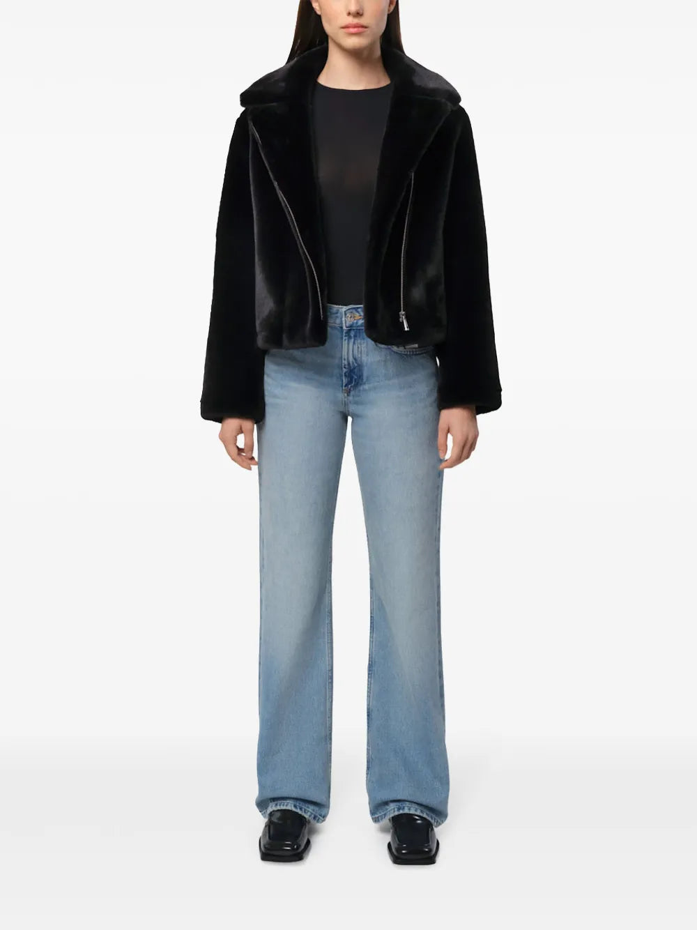Notch-Lapel Zippered Faux Fur Jacket