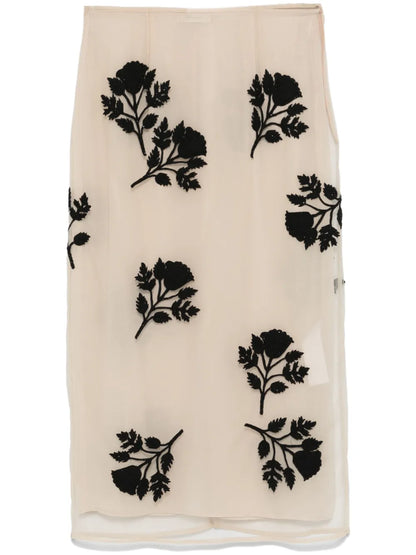 Floral-Embroidery Tulle Midi Skirt