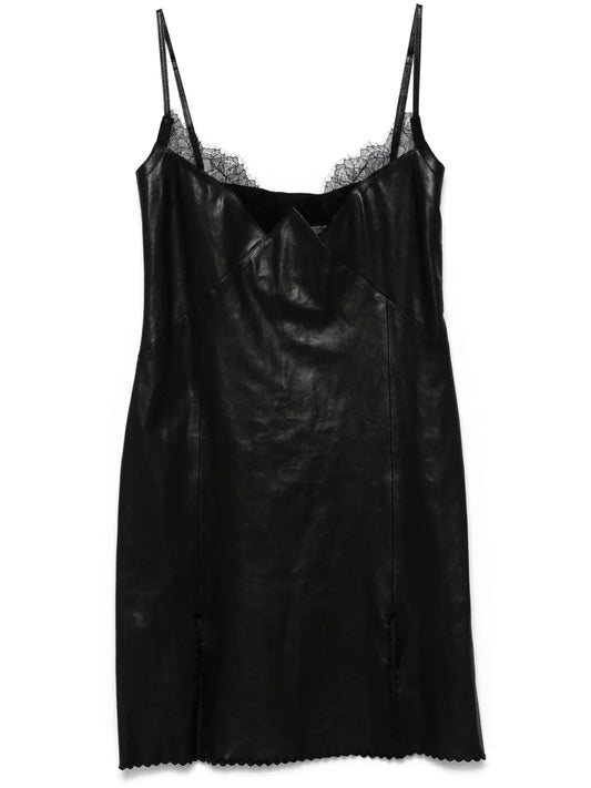 Lace-Trim Leather Mini Dress