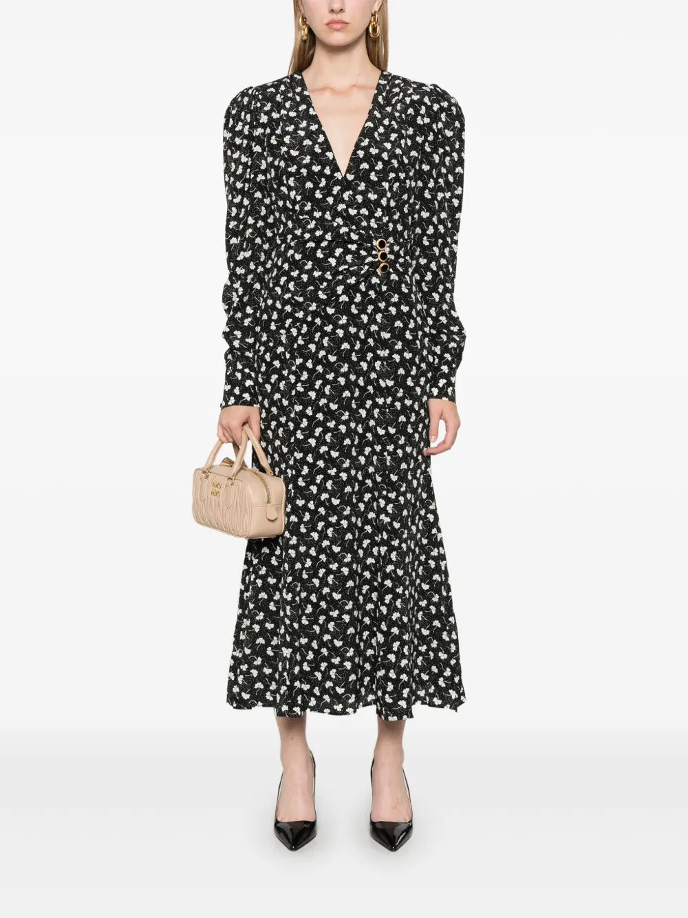 Clover-Print Draped Midi Dress