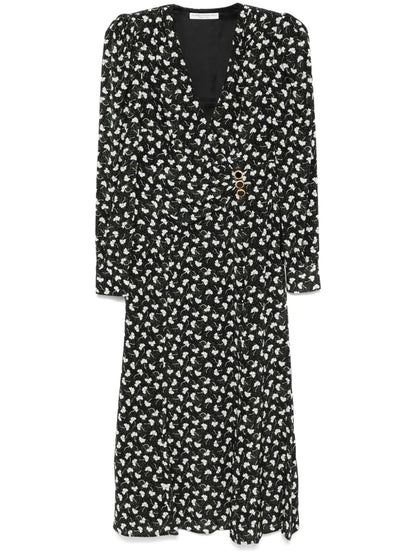 Clover-Print Draped Midi Dress