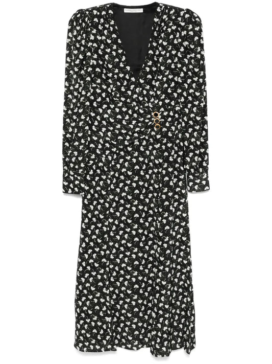 Clover-Print Draped Midi Dress