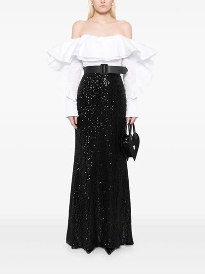 Ruffled Off The Shoulders Sequin Gown