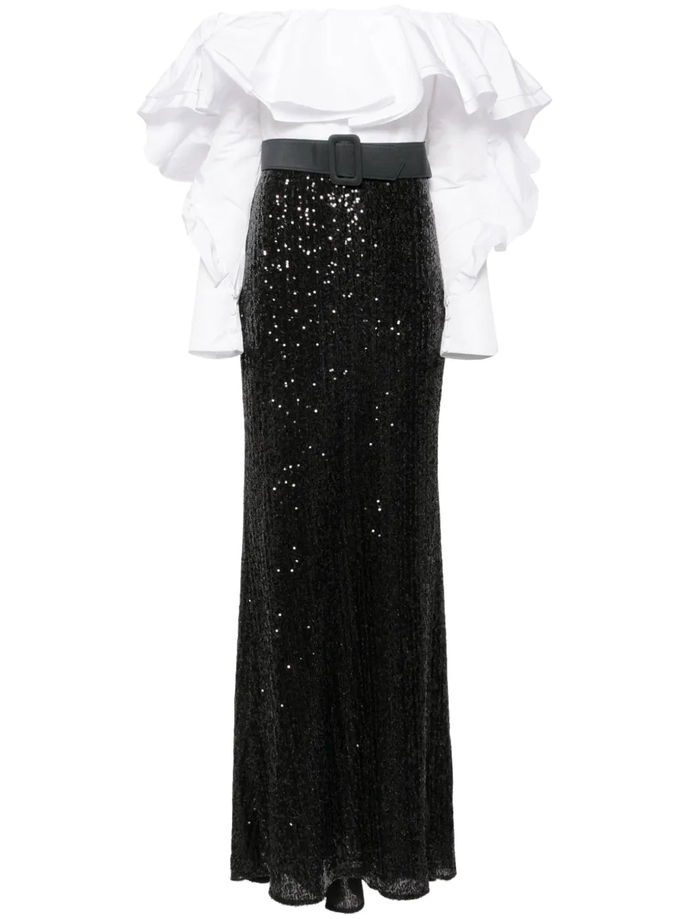Ruffled Off The Shoulders Sequin Gown