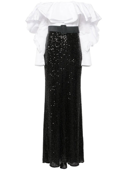 Ruffled Off The Shoulders Sequin Gown