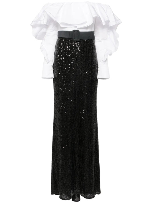 Ruffled Off The Shoulders Sequin Gown