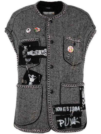 Herringbone-Pattern Sleeveless Jacket