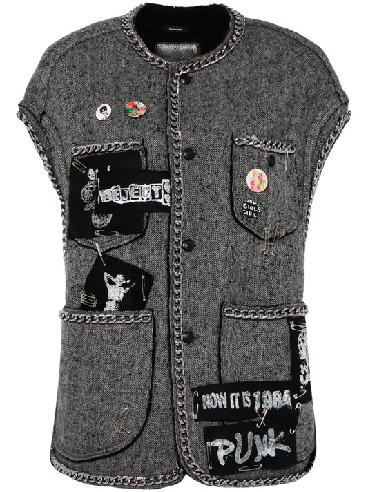 Herringbone-Pattern Sleeveless Jacket