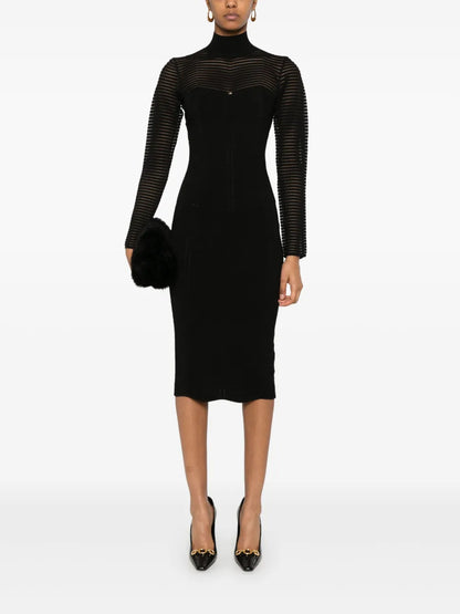 Herringbone-Pattern Midi Dress