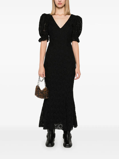 Lace Puff-Sleeves Maxi Dress