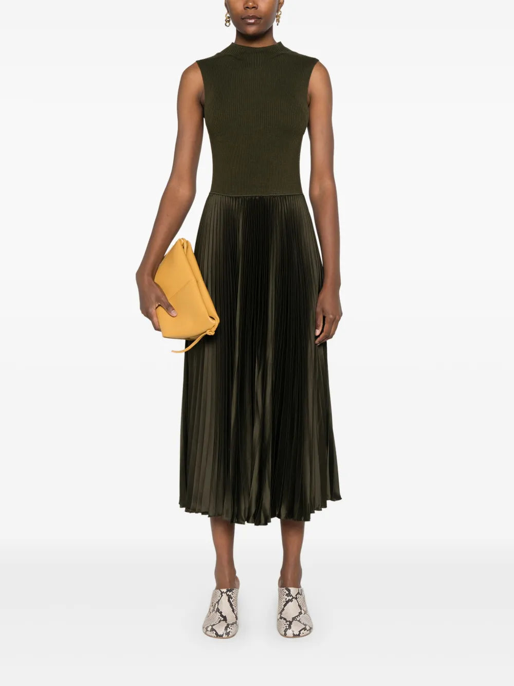 Pleated High-Neck Midi Dress