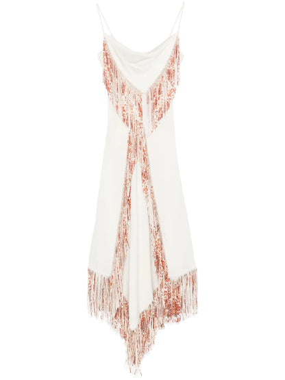 Fringed Asymmetric Midi Dress