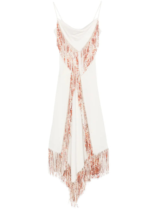 Fringed Asymmetric Midi Dress