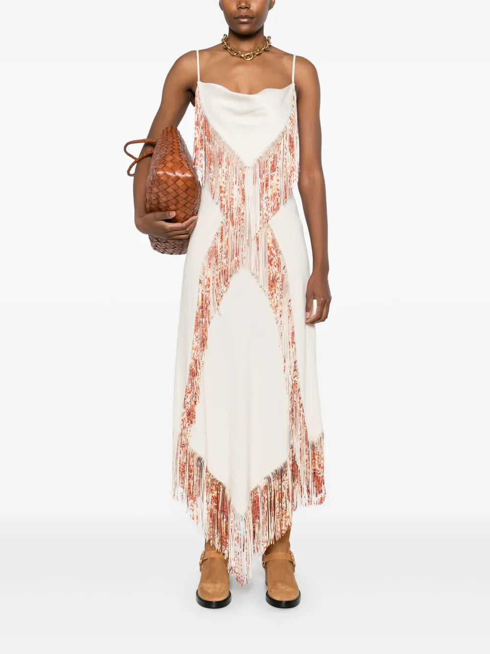 Fringed Asymmetric Midi Dress