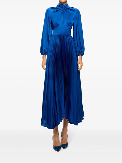 Mahogany Twist-Neck Pleated Maxi Dress