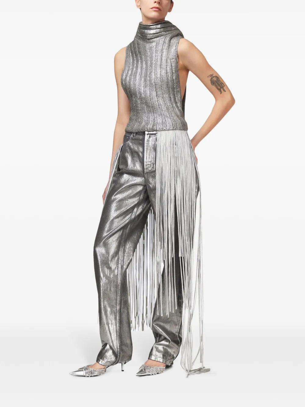 Metallic Fringed Straight-Leg Jeans
