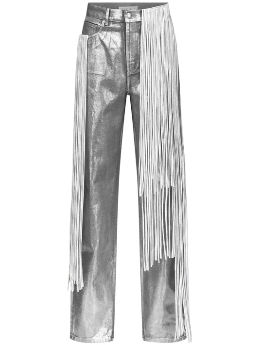 Metallic Fringed Straight-Leg Jeans