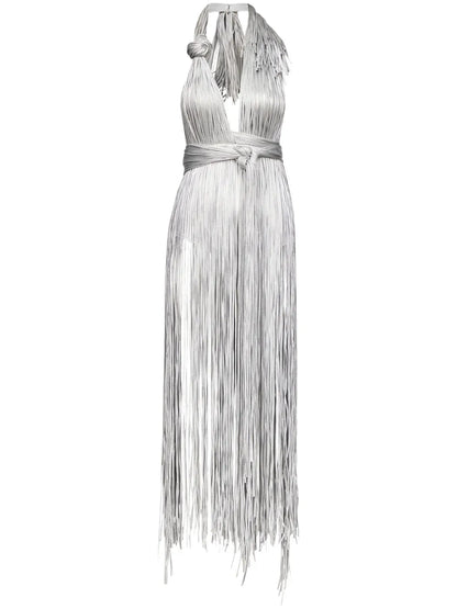 Metallic Fringed Halter Minidress