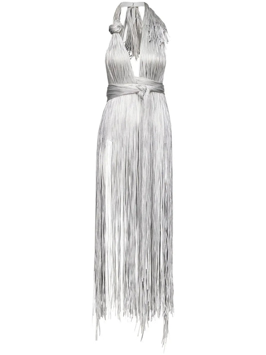 Metallic Fringed Halter Minidress