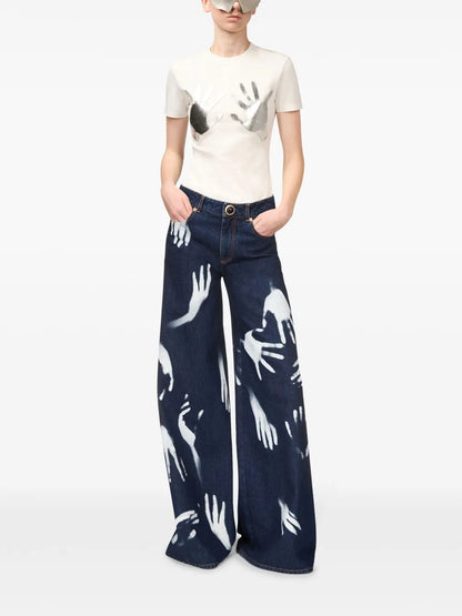 Hand-Print Wide-Leg Jeans